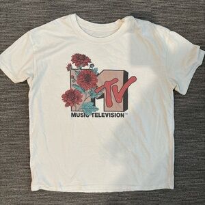 MTV White Tee with Pink Logo and Teal Floral Accents